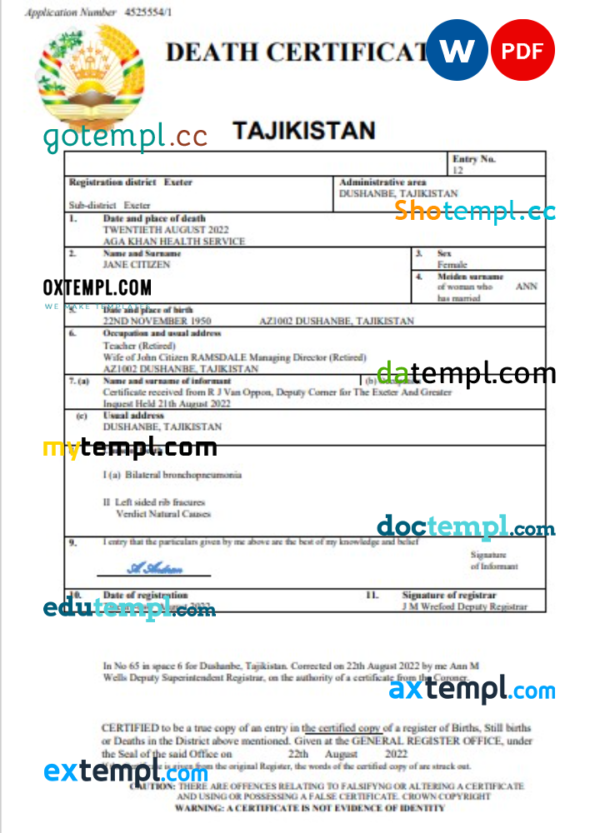 Tajikistan vital record death certificate Word and PDF template