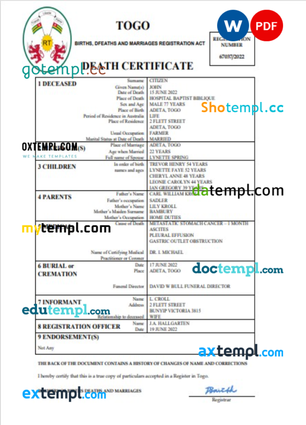 Togo vital record death certificate Word and PDF template