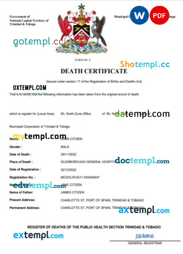 Trinidad and Tobago death certificate Word and PDF template, completely editable