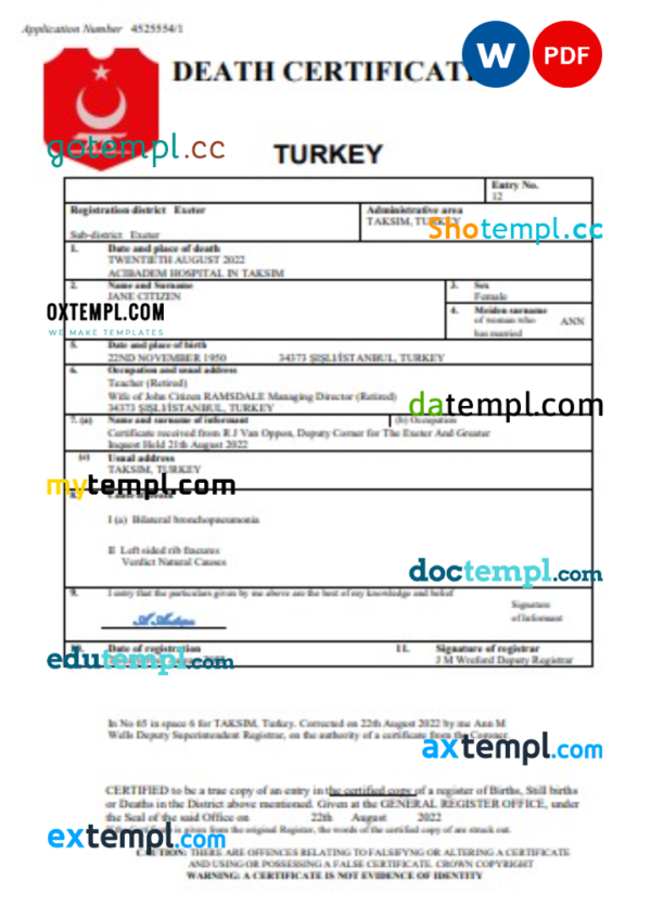 Turkey vital record death certificate Word and PDF template