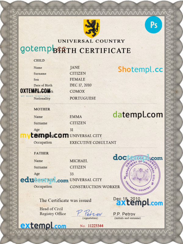 # limitless split universal birth certificate PSD template, fully editable