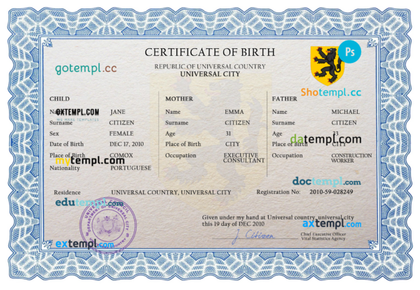 # made universal birth certificate PSD template, completely editable