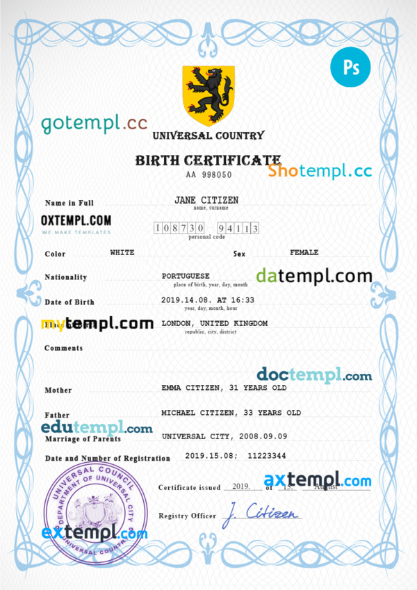 # major universal birth certificate PSD template, fully editable