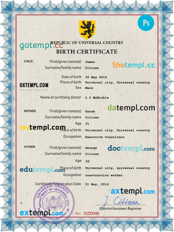 # mass project universal birth certificate PSD template, completely editable