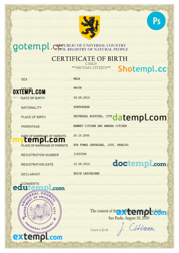 # master accord birth certificate universal PSD template