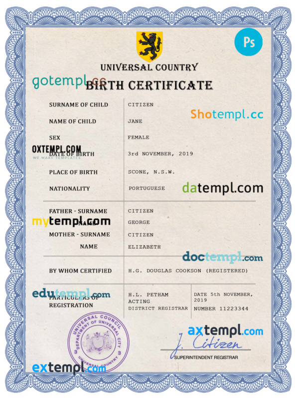 # prosper universal birth certificate PSD template, fully editable