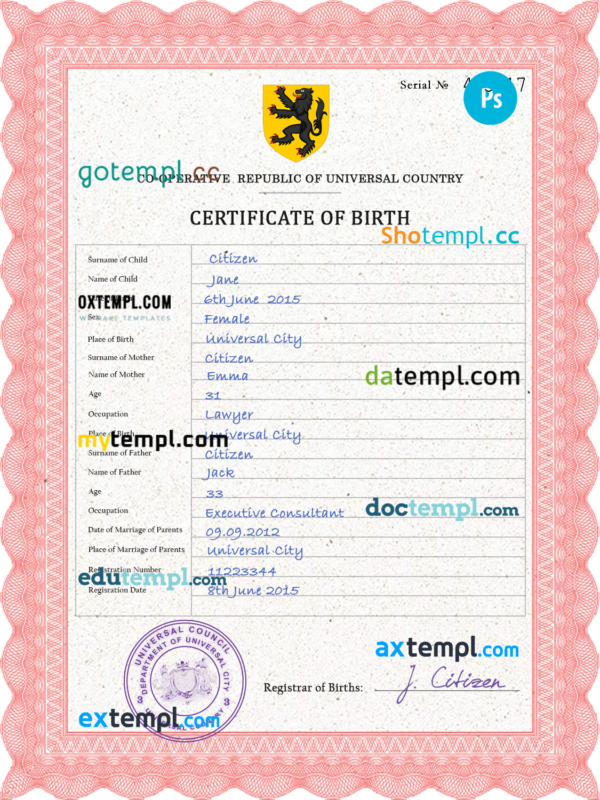 # scribe universal birth certificate PSD template, fully editable