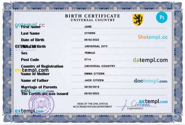 # stance universal birth certificate PSD template, completely editable