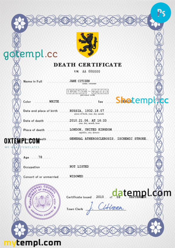 # stance vital record death certificate universal PSD template