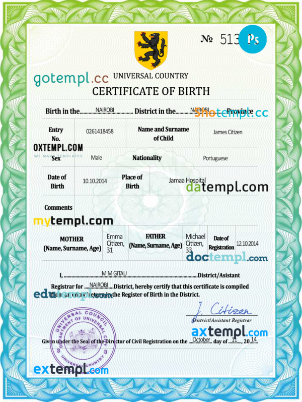 # united assembly universal birth certificate PSD template, completely editable