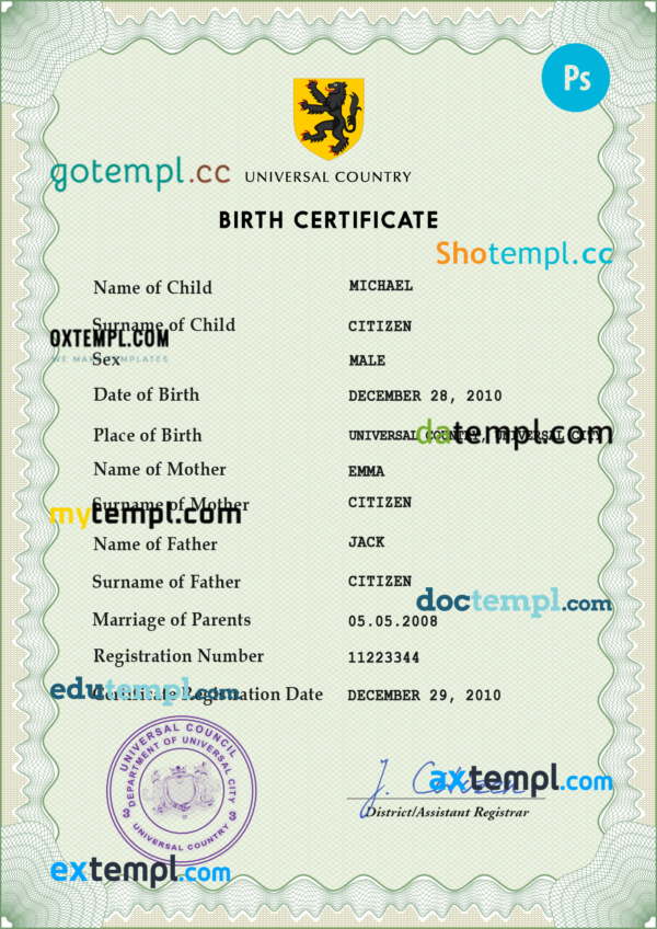 # wisdom universal birth certificate PSD template, fully editable
