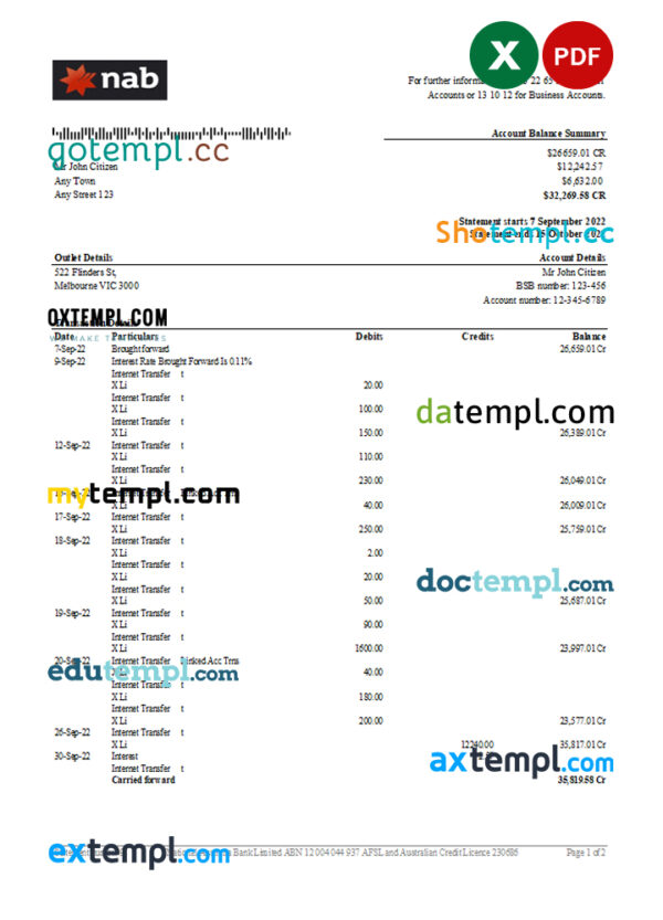 Australia NAB bank statement, Excel and PDF template, 2 pages