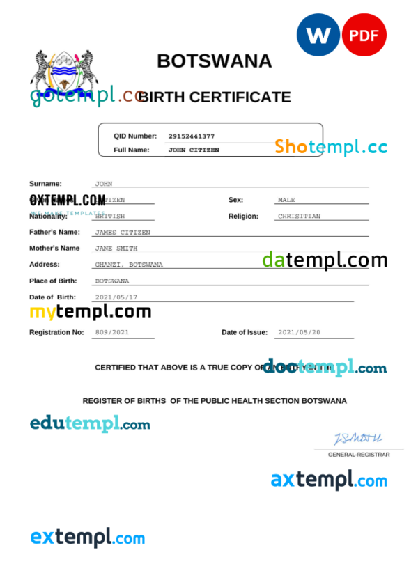 Botswana birth certificate Word and PDF template, completely editable