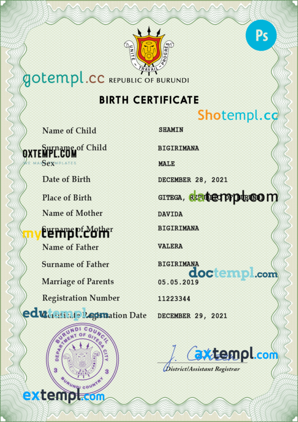 Burundi vital record birth certificate PSD template