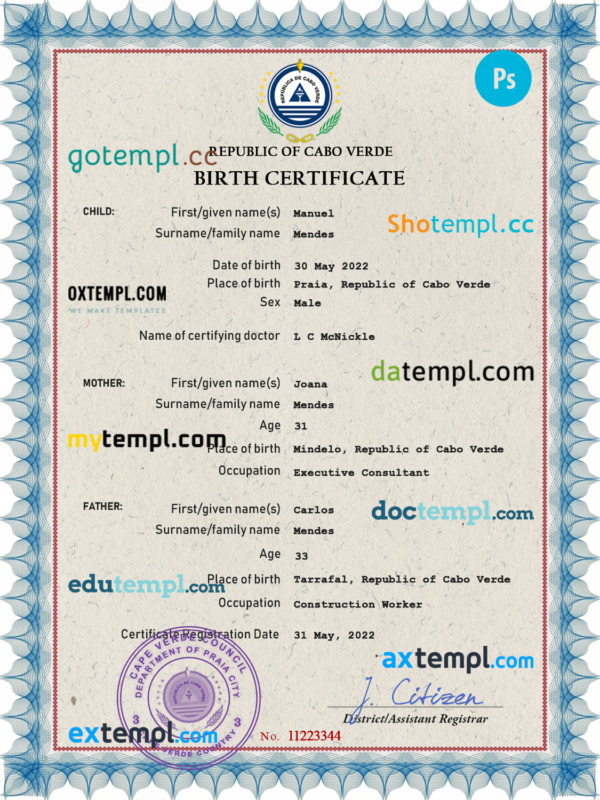 Cabo Verde vital record birth certificate PSD template, completely editable