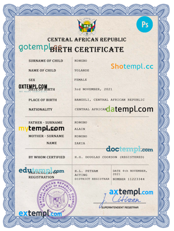 Central African Republic birth certificate PSD template, completely editable