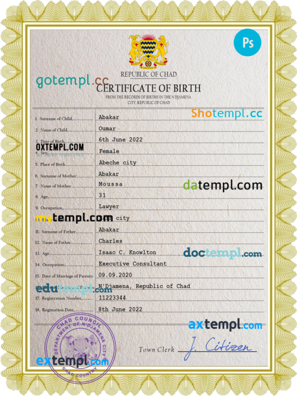 Chad vital record birth certificate PSD template, fully editable
