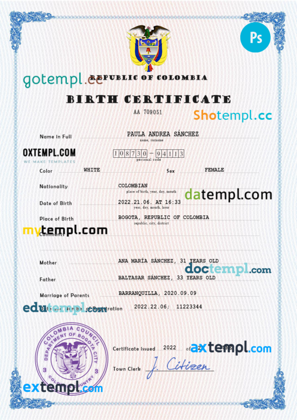 Colombia birth certificate PSD template, completely editable