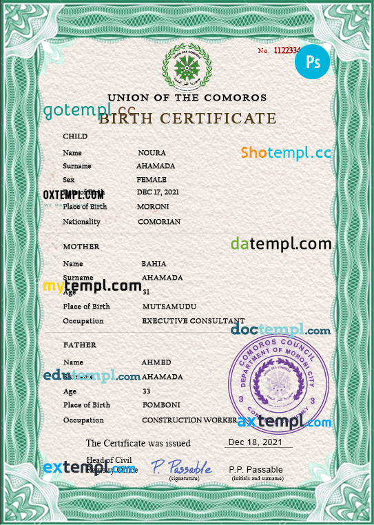 Comoros vital record birth certificate PSD template, fully editable