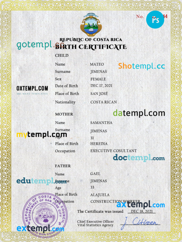 Costa Rica birth certificate PSD template, completely editable