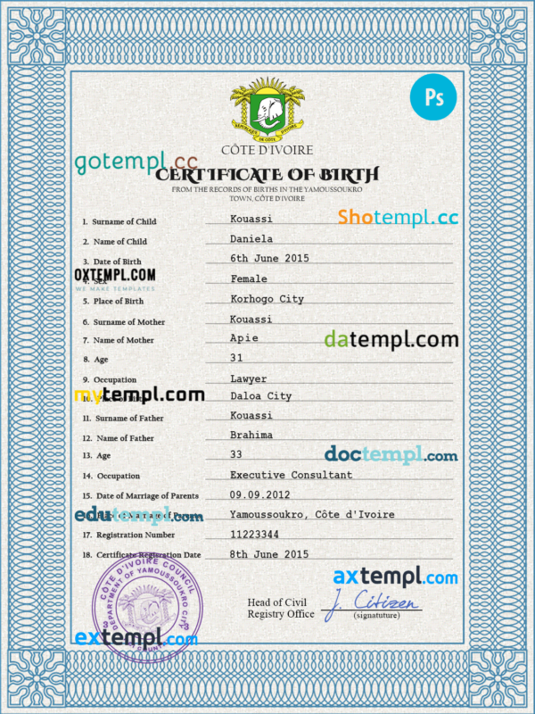 Côte d'Ivoire vital record birth certificate PSD template, fully editable