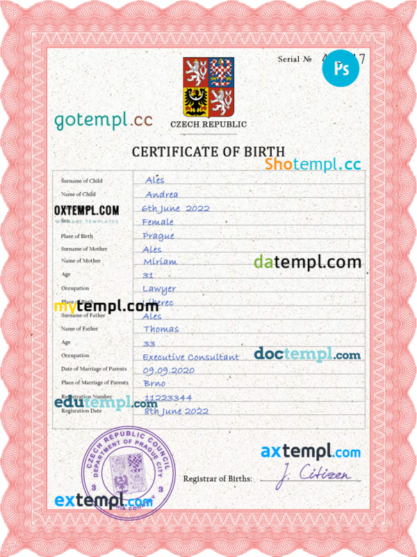 Czechia vital record birth certificate PSD template, completely editable