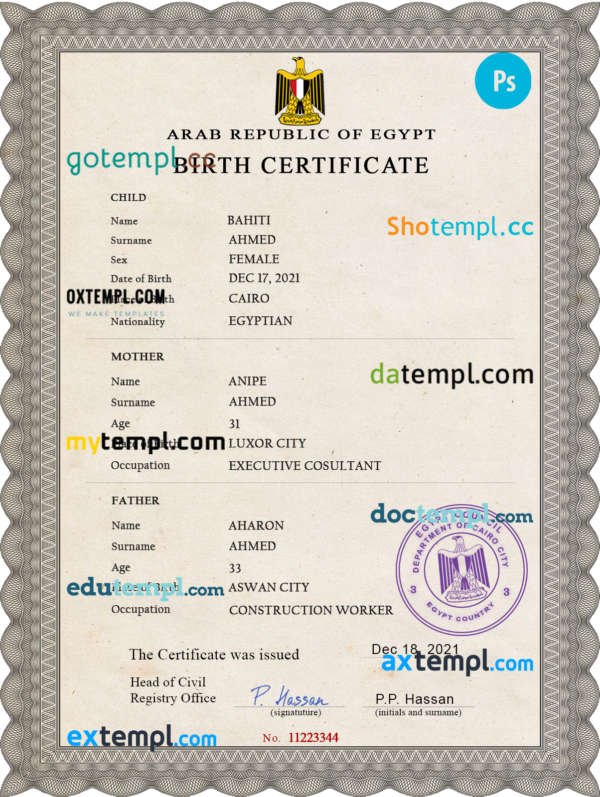 Egypt vital record birth certificate PSD template, fully editable