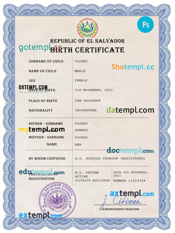 El Salvador vital record birth certificate PSD template, completely editable