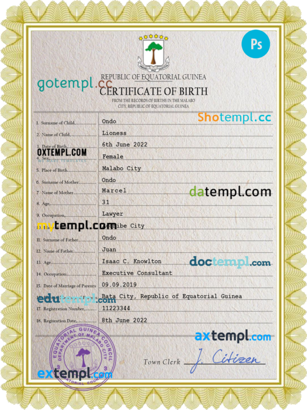 Equatorial Guinea birth certificate PSD template, completely editable