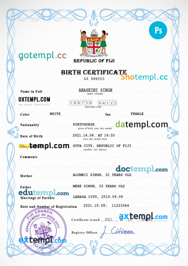 Fiji vital record birth certificate PSD template, fully editable