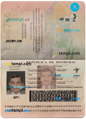 HONDURAS passport PSD template, completely editable