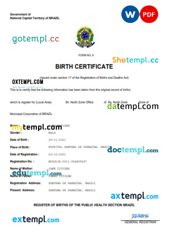 Brazil vital record birth certificate Word and PDF template, completely editable