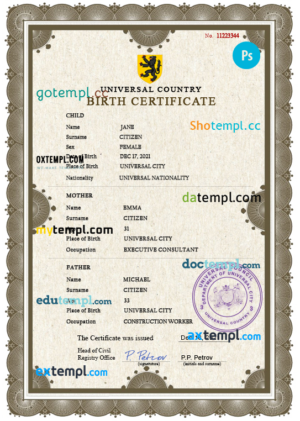 # allied universal birth certificate PSD template, fully editable