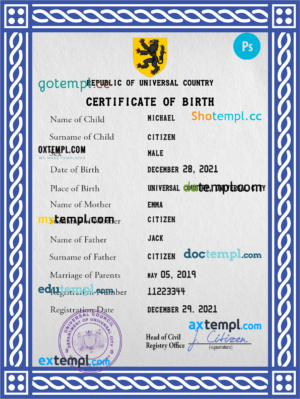 # certificatetastic universal birth certificate PSD template, fully editable