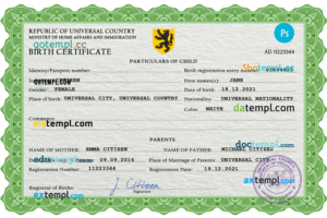 # dime project universal birth certificate PSD template, completely editable