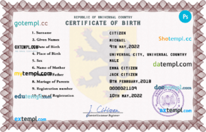 # discover universal birth certificate PSD template, fully editable
