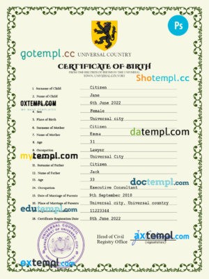 # foster universal birth certificate PSD template, fully editable