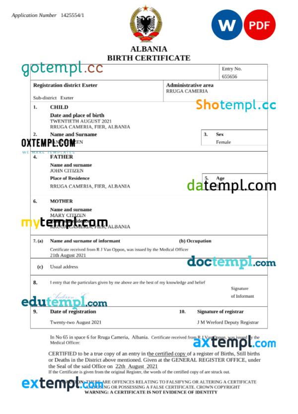 Albania birth certificate Word and PDF template, completely editable
