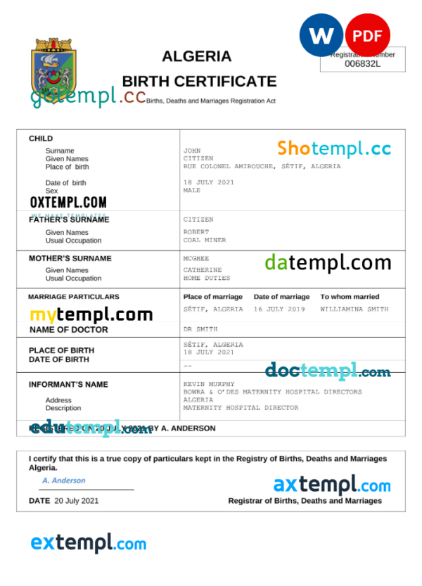 Algeria vital record birth certificate Word and PDF template, completely editable