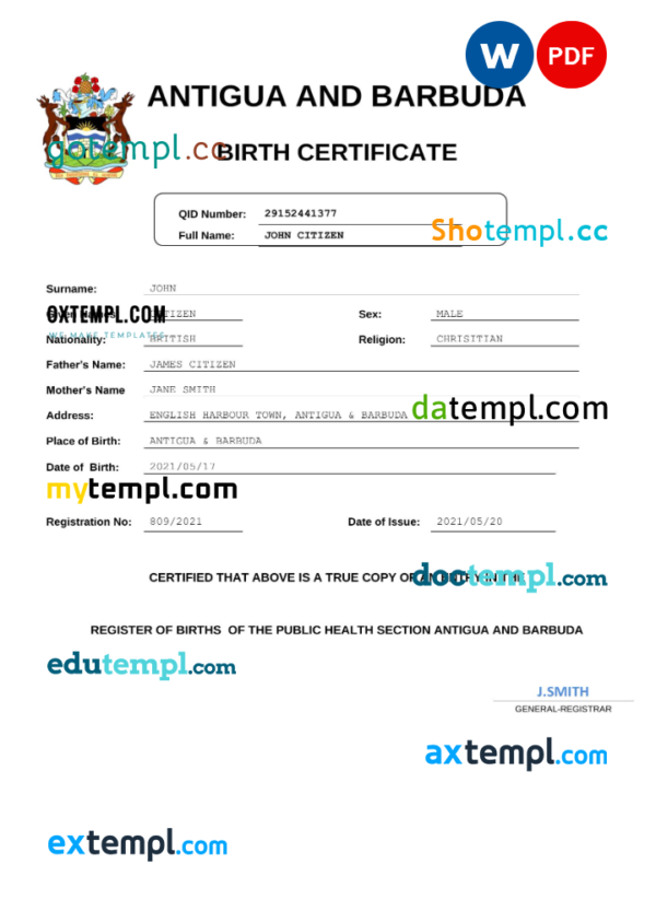 Antigua and Barbuda birth certificate Word and PDF template, completely editable
