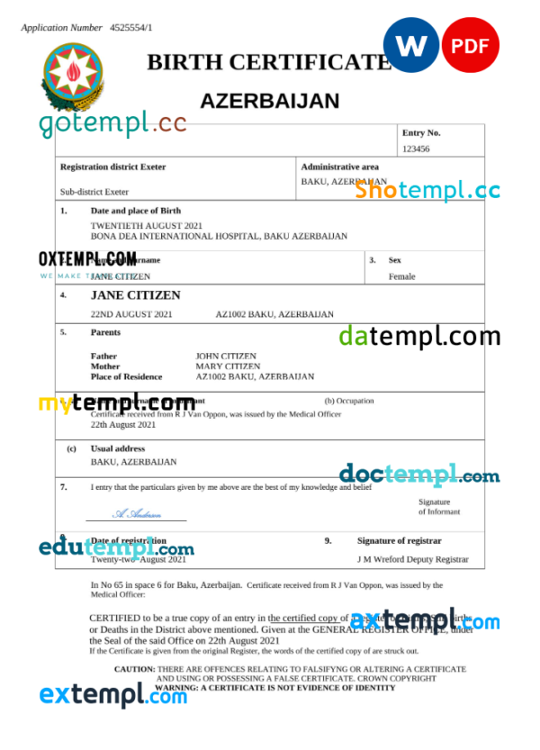 Azerbaijan vital record birth certificate Word and PDF template, fully editable