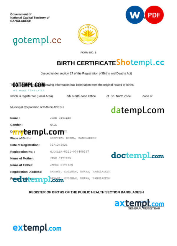 Bangladesh vital record birth certificate Word and PDF template, fully editable