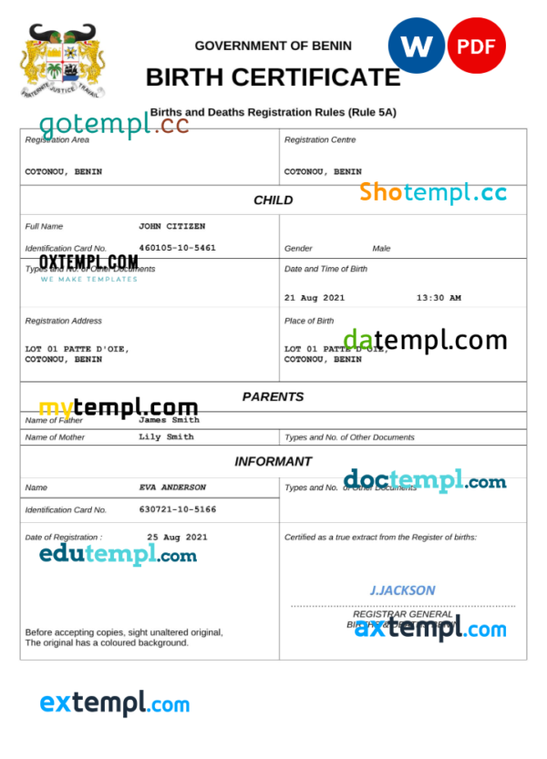 Benin birth certificate Word and PDF template, completely editable
