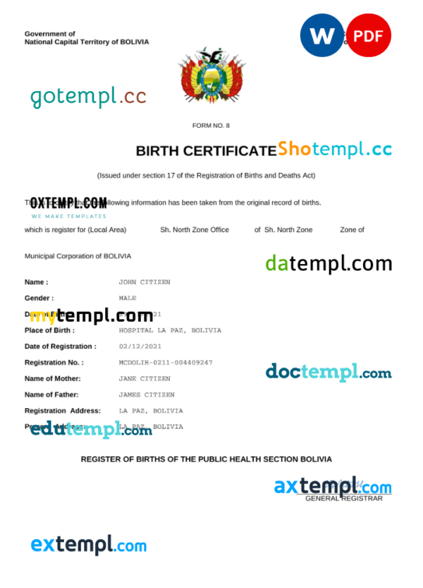 Bolivia vital record birth certificate Word and PDF template
