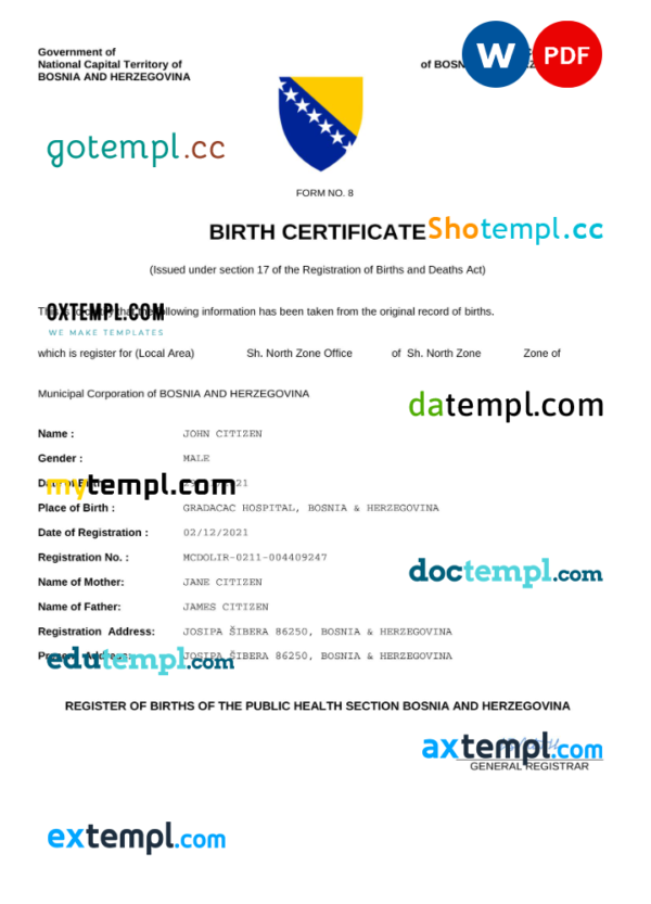 Bosnia and Herzegovina vital record birth certificate Word and PDF template, fully editable