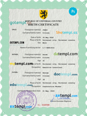 # plug universal birth certificate PSD template, completely editable