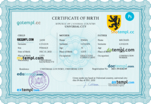 # voice universal birth certificate PSD template, completely editable