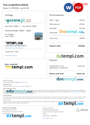 Tunisia Airbnb booking confirmation Word and PDF template