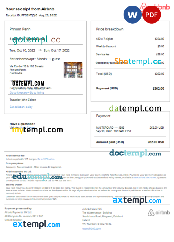Cambodia Airbnb booking confirmation Word and PDF template