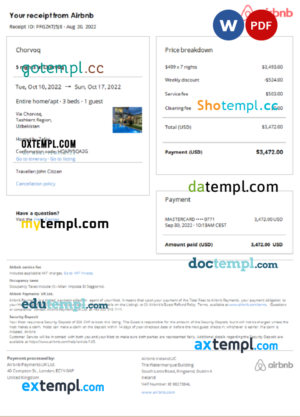 Uzbekistan Airbnb booking confirmation Word and PDF template